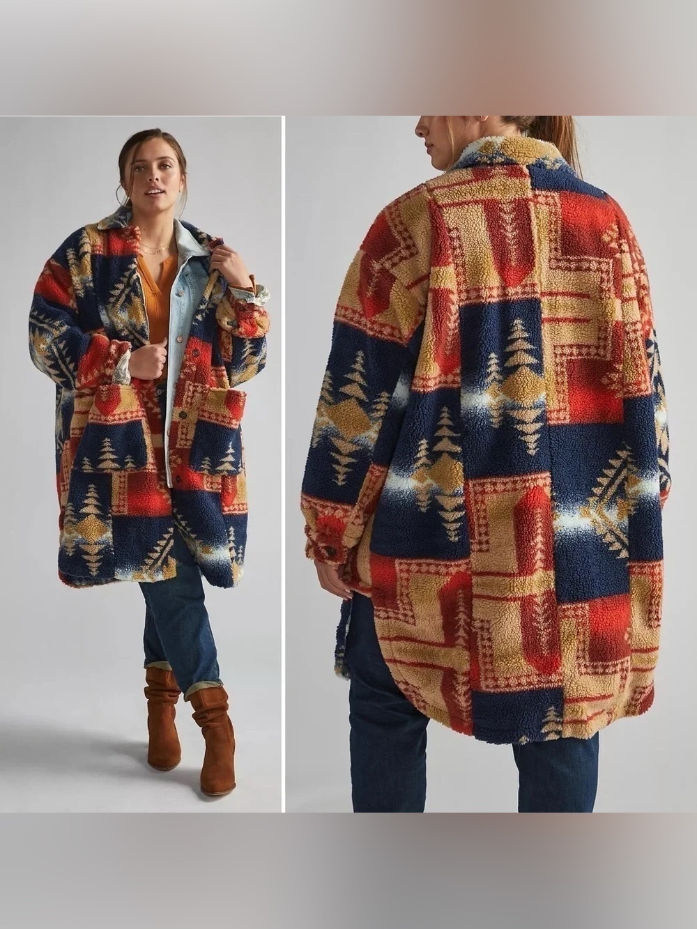 Pilcro Leopard Sherpa Duster Jacket XS Oversized Aztec Anthropologie Teddy